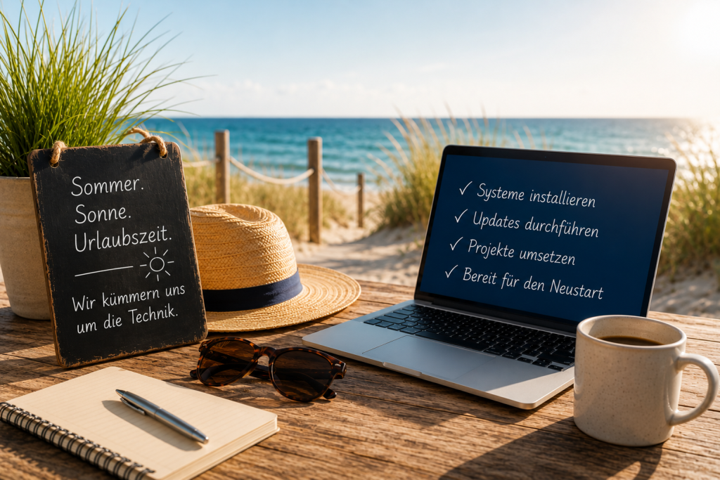 Sommerliche Atmosphäre am Strand mit Laptop | KI-generiert